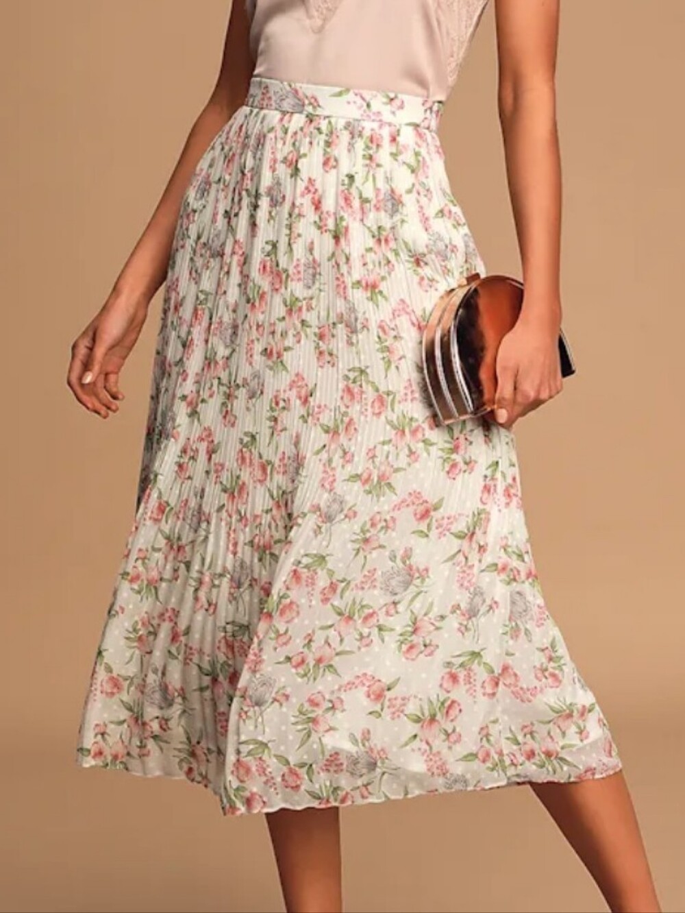 Lulus Floral Pleated Midi Skirt White Pink Swiss Dot High Waist A-Line Skirt